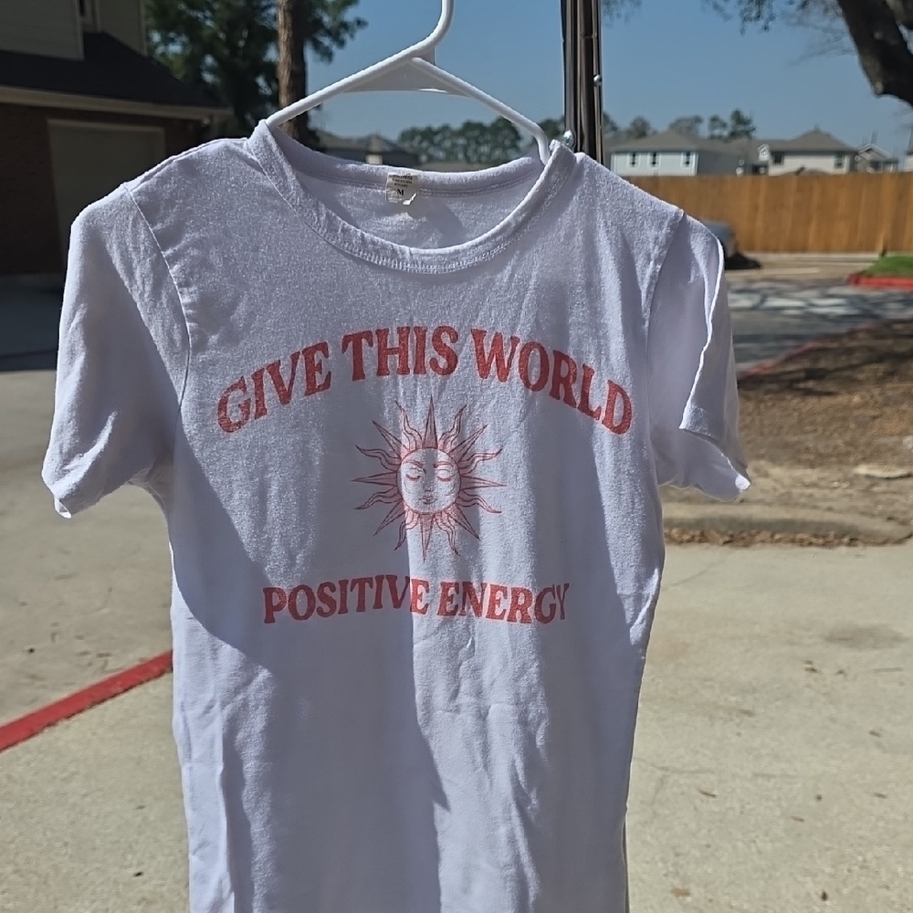 SHEIN White Tee with Red Positive Energy Print